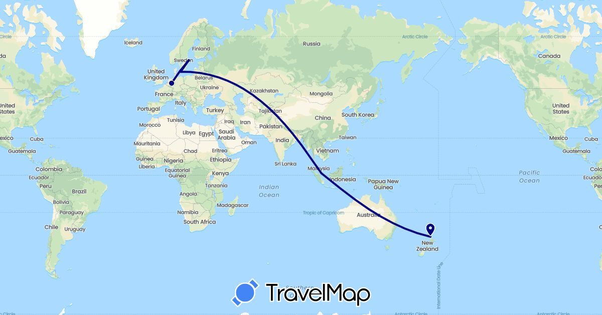 TravelMap itinerary: driving in Germany, Denmark, New Zealand, Sweden, Singapore (Asia, Europe, Oceania)